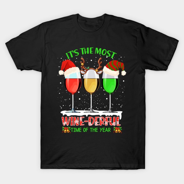 Wine Glass Wearing Santa Hat Reindeer Horn Christmas Gift For Wine Lover T-Shirt by mittievance